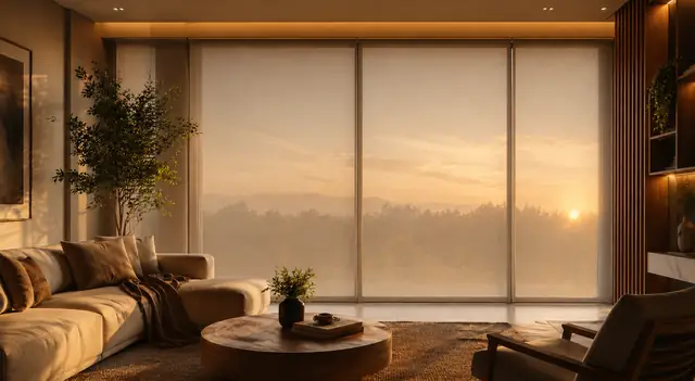 Sala de estar com persiana rolô em tela solar filtrando a luz do fim de tarde